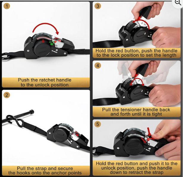 4 Pce Retractable Ratchet Straps Tie Downs 2.5CM x 3M 800kg Break Strength