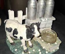Hand-Painted Black-and-White Friesian Cow beside Milk Churns. Postage Available or Collection