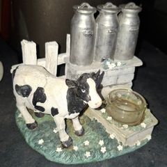 Hand-Painted Black-and-White Friesian Cow beside Milk Churns. Postage Available or Collection