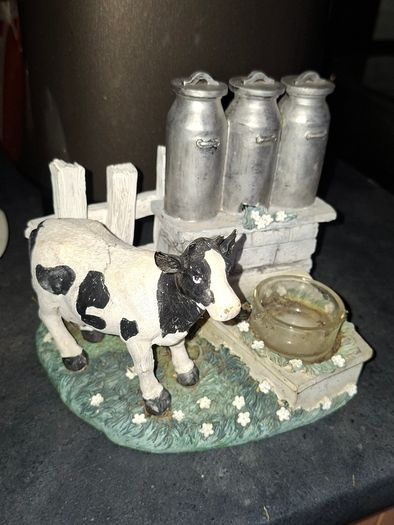 Hand-Painted Black-and-White Friesian Cow beside Milk Churns. Postage Available or Collection