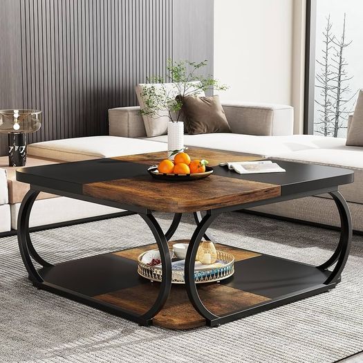 Square Coffee Table with 2 Tiers, 39 Inch Low Farmhouse Coffee Table with Wood Storage Shelf Heavy Duty Metal Curved Frame for Modern Living Room, Black Rustic Brown