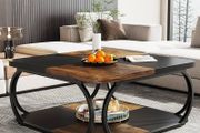 Square Coffee Table with 2 Tiers, 39 Inch Low Farmhouse Coffee Table with Wood Storage Shelf Heavy Duty Metal Curved Frame for Modern Living Room, Black Rustic Brown
