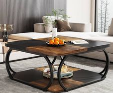 Square Coffee Table with 2 Tiers, 39 Inch Low Farmhouse Coffee Table with Wood Storage Shelf Heavy Duty Metal Curved Frame for Modern Living Room, Black Rustic Brown