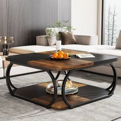 Square Coffee Table with 2 Tiers, 39 Inch Low Farmhouse Coffee Table with Wood Storage Shelf Heavy Duty Metal Curved Frame for Modern Living Room, Black Rustic Brown