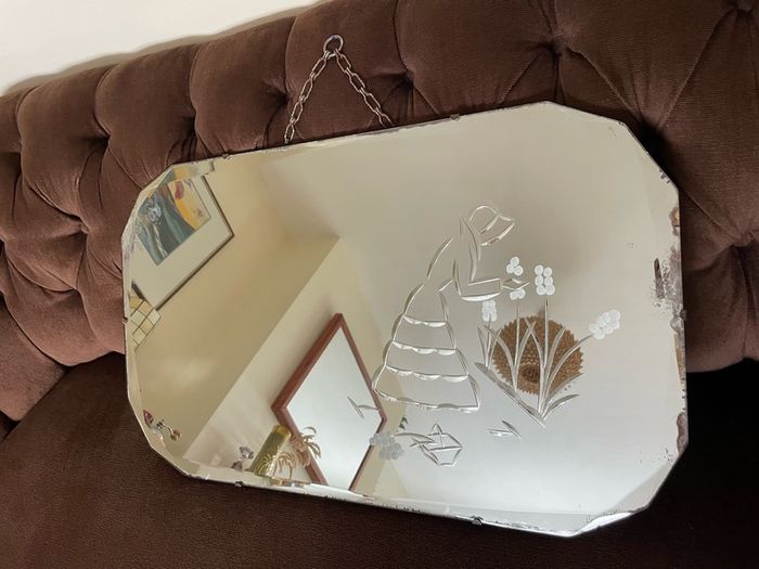 Large Early Mid Century Vintage Beveled Mirror with Reversed Carved Etched Image