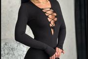 Women's ribbed jumpsuit with a tie at the neckline