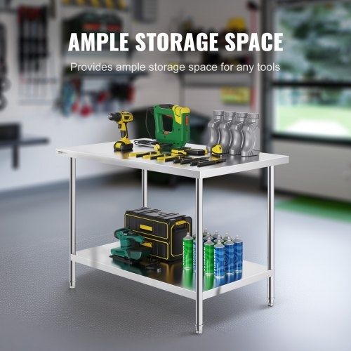 Stainless Steel Prep Table, 30 x 48 x 34 Inch, Heavy Duty Metal Worktable with 3 Adjustable Height Levels, Commercial Workstation for Kitchen Garage Restaurant Backyard
