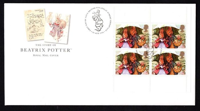1993 Great Britain The Story of Beatrix Potter Commemorative Stamp Booklet Pane Royal Mail Addressed First Day Cover (FDC)