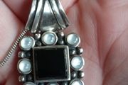 Vintage Black Onyx and Moonstone Sterling Silver Pendant Set