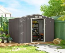 9 x 6FT Outdoor Garden Roofed Metal Storage Shed Tool Box with Foundation Ventilation & Doors Light, Grey