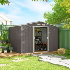 9 x 6FT Outdoor Garden Roofed Metal Storage Shed Tool Box with Foundation Ventilation & Doors Light, Grey