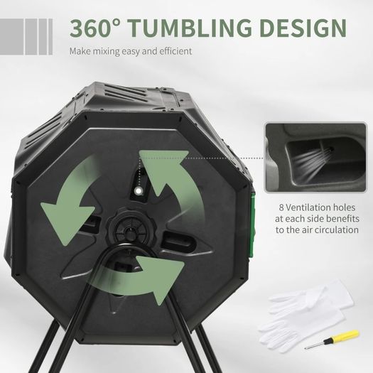 Garden Compost Bin Dual Tumbler Rotating Outdoor Composter with Sliding Doors