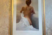 Lluis Ribas famous White Satin collection semi-naked woman portrait. Slight scratch as seen in picture. 50 x 70 cm with large soft brushed  golden molded frame.