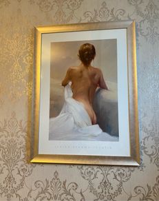 Lluis Ribas famous White Satin collection semi-naked woman portrait. Slight scratch as seen in picture. 50 x 70 cm with large soft brushed  golden molded frame.