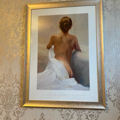 Lluis Ribas famous White Satin collection semi-naked woman portrait. Slight scratch as seen in picture. 50 x 70 cm with large soft brushed  golden molded frame.