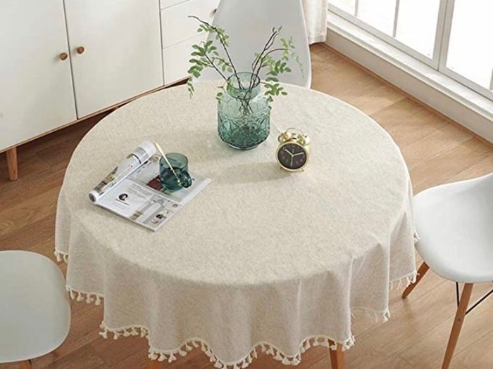 Cotton Linen Table Cloth Solid Color Tassel Round Tablecloth Dust-Proof Shrink-Proof Table Cover (Beige, Round 150cm)
