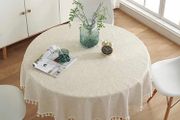 Cotton Linen Table Cloth Solid Color Tassel Round Tablecloth Dust-Proof Shrink-Proof Table Cover (Beige, Round 150cm)