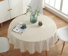 Cotton Linen Table Cloth Solid Color Tassel Round Tablecloth Dust-Proof Shrink-Proof Table Cover (Beige, Round 150cm)