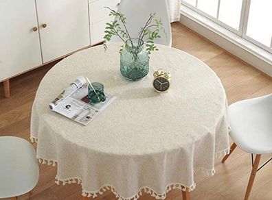 Cotton Linen Table Cloth Solid Color Tassel Round Tablecloth Dust-Proof Shrink-Proof Table Cover (Beige, Round 150cm)