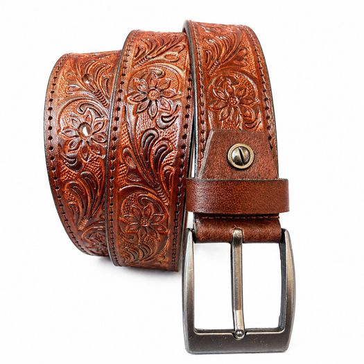 Premium Genuine Leather Belt Dual Tone Vintage Embossed Design with Antique Metal Buckle