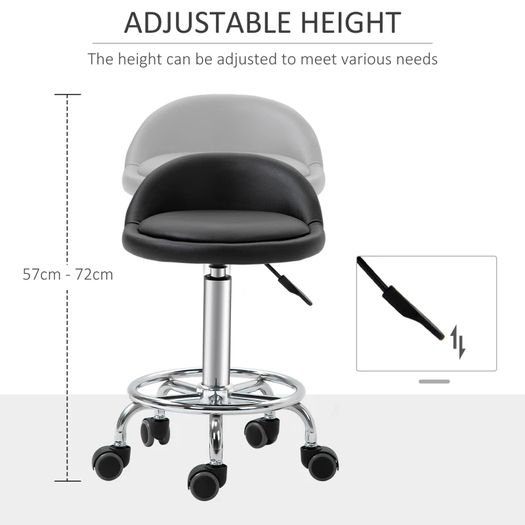 Set of 2 360 swivel rolling stools, seat adjustable 47-62H cm, chrome steel black synthetic upholstery