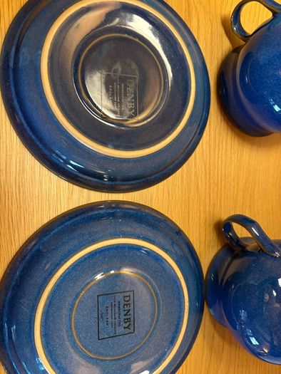 Pristine Pair of Denby "Imperial Blue" Cups & Saucers | English Stoneware Set of 2