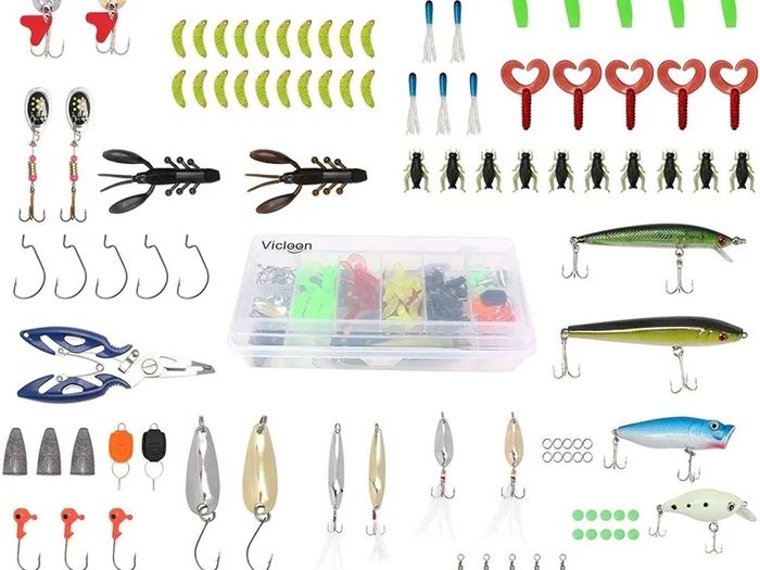 120 PCS Fishing Lures Mixed Including Spinners,VIB,Treble Hooks,Single Hooks,Swivels,Pliers and Tackle Box