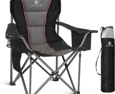 Camping Chairs for Adults Camping Chairs for Heavy People Up to 200 kg Folding Camping Chair with Cup Holder & Cooler Bag & Side Pocket, Padded and Foldable, Black