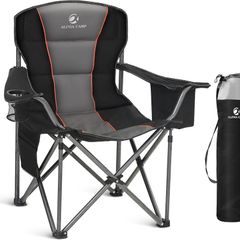 Camping Chairs for Adults Camping Chairs for Heavy People Up to 200 kg Folding Camping Chair with Cup Holder & Cooler Bag & Side Pocket, Padded and Foldable, Black