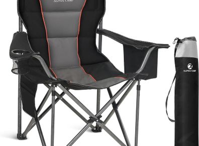 Camping Chairs for Adults Camping Chairs for Heavy People Up to 200 kg Folding Camping Chair with Cup Holder & Cooler Bag & Side Pocket, Padded and Foldable, Black
