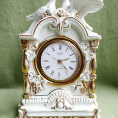 Vintage Landex Royal Craft White Porcelain Mantle Clock Gilt Trim, Doves Transistor Japan , in working order