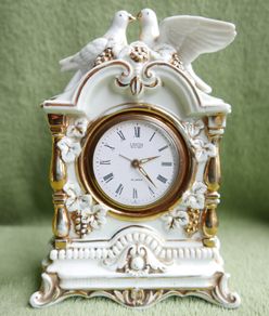 Vintage Landex Royal Craft White Porcelain Mantle Clock Gilt Trim, Doves Transistor Japan , in working order