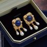 Vintage Style Blue Stone Faux Pearl Drop Gold Earrings Image 3