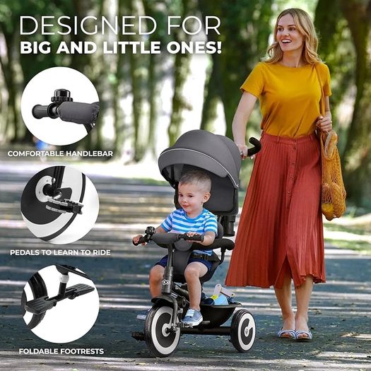 Tricycle, Baby Push Trike, Kids First Bike, Free Wheel Functions, Parenthandle, Footrest, Accessories, Bag, Cupholder, from 9 Months to 5 Years, Gray