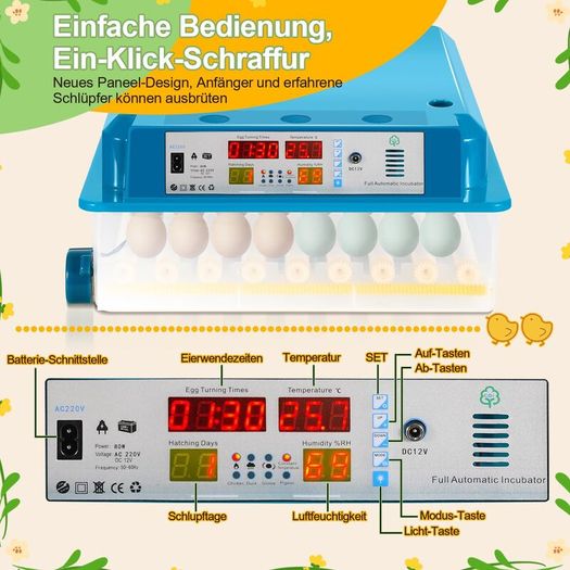 64-Egg Fully Automatic Incubator with Auto Turning and LED Egg Candler