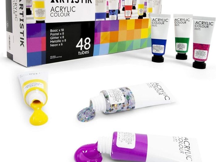 48 Piece Set (48 x 22ml) Tubes in Rich Vibrant Colours - High-Pigment, Satin-Finish Basic, Neon, Pastel, Metallic & Glitter Colours for Painting Canvas, Paper, Wood, Clay, Fabric (FREE POSTAGE)