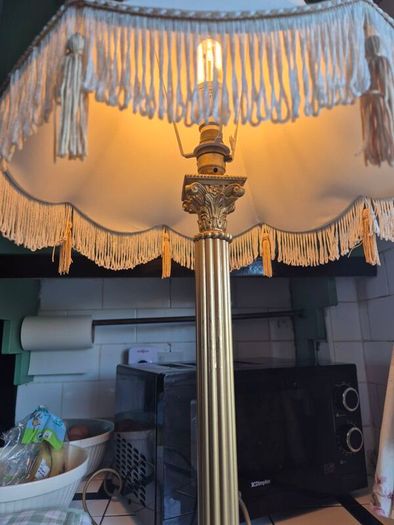Tall lamp Vintage Gold metal Neoclassical  column lamp with silk called fringed tassled shade