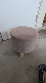Round Upholstered Footstool Pouffe, Blush Pink with Wooden Legs