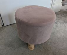 Round Upholstered Footstool Pouffe, Blush Pink with Wooden Legs