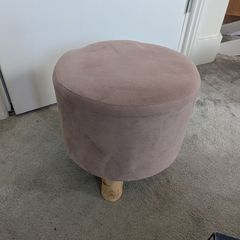 Round Upholstered Footstool Pouffe, Blush Pink with Wooden Legs