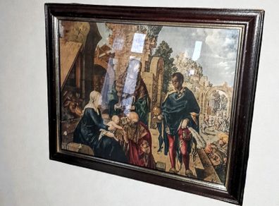 Antique picture in wooden frame Adoration of the Kings