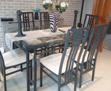 Table, 6 chairs, 2 candle sticks, floor lamp & shelving unit