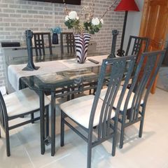 Table, 6 chairs, 2 candle sticks, floor lamp & shelving unit