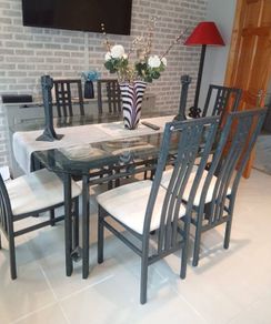 Table, 6 chairs, 2 candle sticks, floor lamp & shelving unit