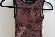 Brown mesh floral top with black trim