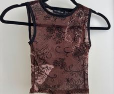 Brown mesh floral top with black trim