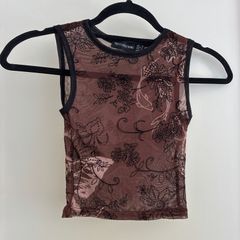Brown mesh floral top with black trim