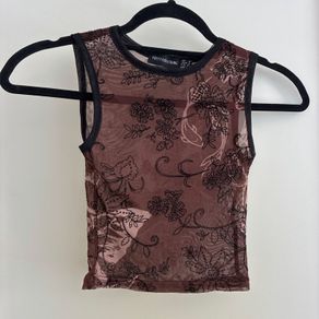 Brown mesh floral top with black trim