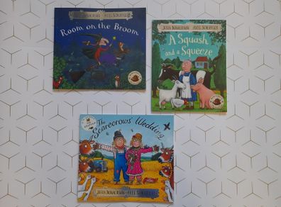 Julia Donaldson books: The Scarecrow wedding, (this book is now sold) . Room on the broom. A squash and a squeeze. (this book is now sold)