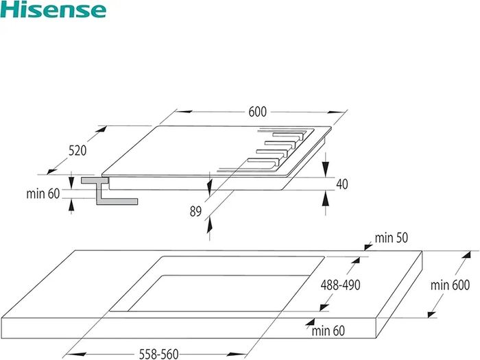 Built-in 60cm Gas Hob - Stainless Steel with 4 Cooking Areas, Easy Clean Surface, One -Hand Ignition, 60 x 52 x 8.9 cm (L x W x H)